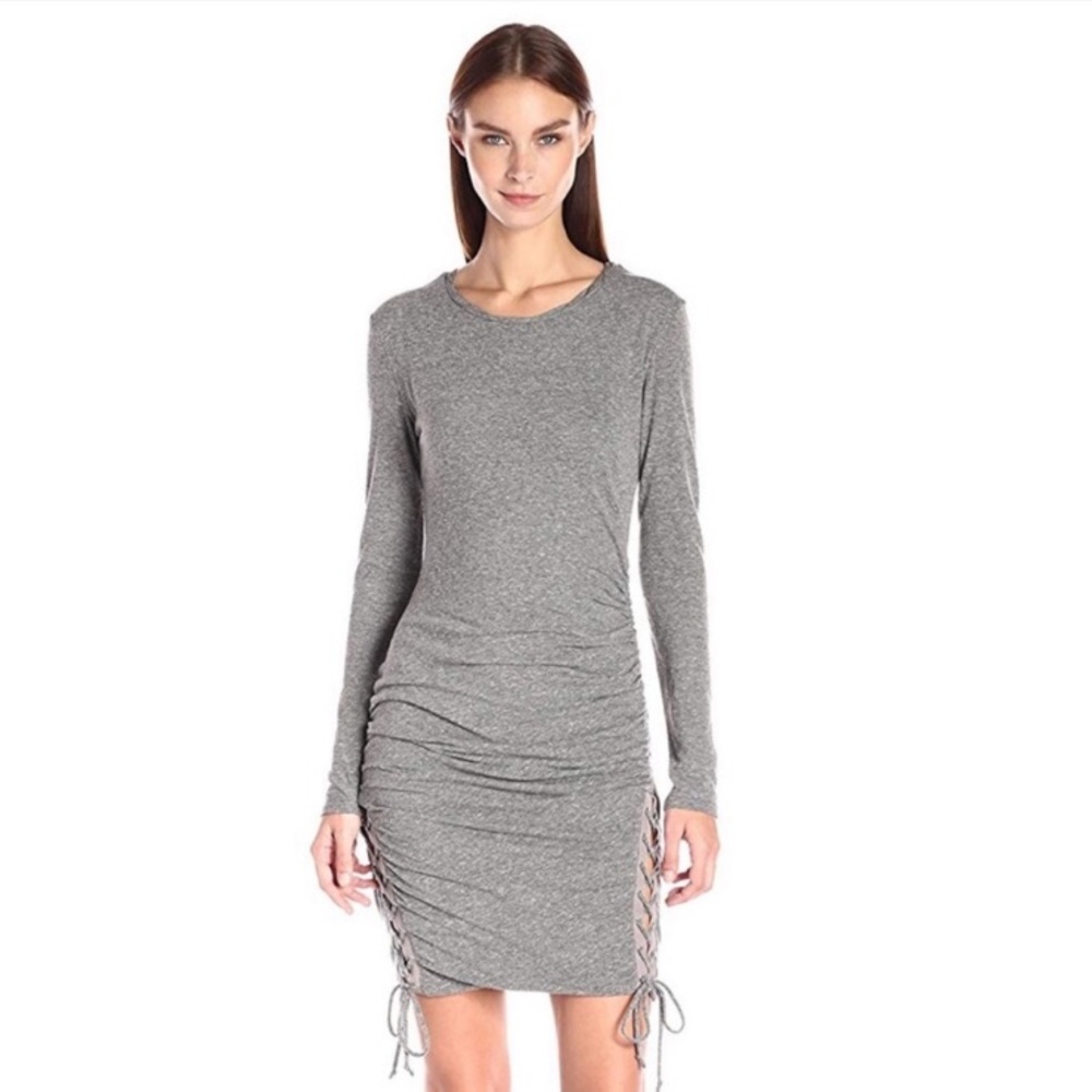 PAM & GELA GRAY DRESS BODYCON LACE UP ROUCHE SIDE WOMENS P